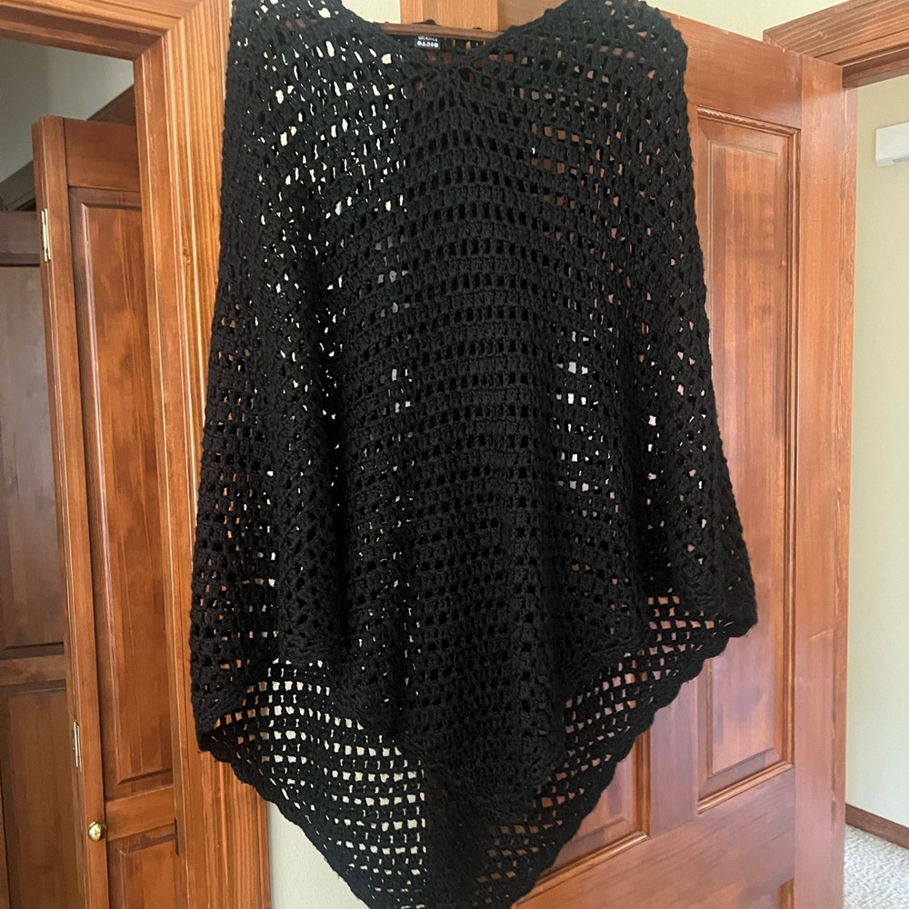 Open-Weave Black Crochet Poncho Sweater
